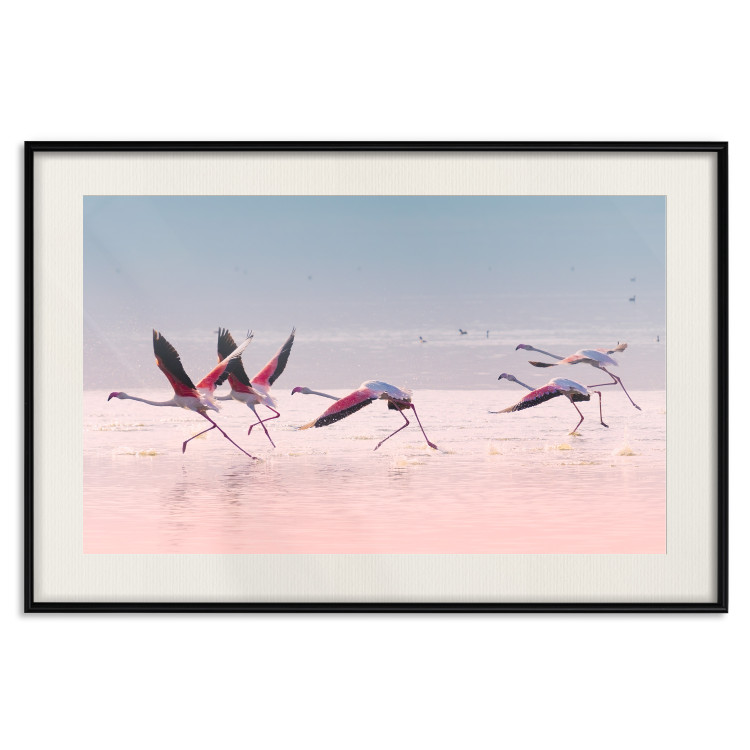 Wall Poster Flamingo Race - summer landscape of pastel water with pink birds 117460 additionalImage 18