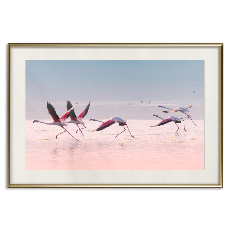 Wall Poster Flamingo Race - summer landscape of pastel water with pink birds 117460 additionalImage 19