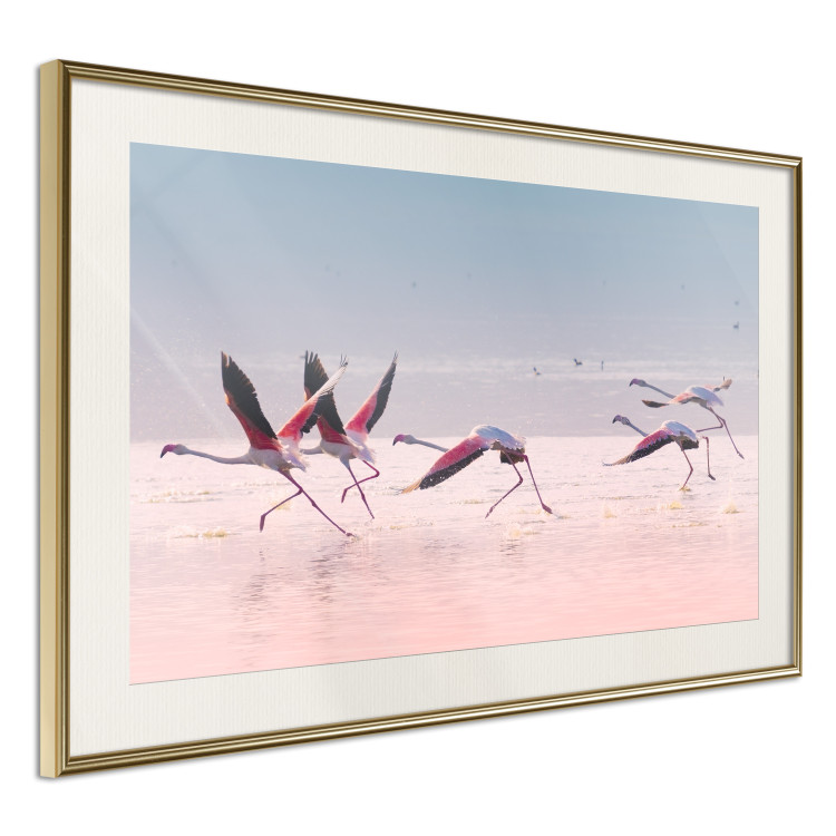 Wall Poster Flamingo Race - summer landscape of pastel water with pink birds 117460 additionalImage 2