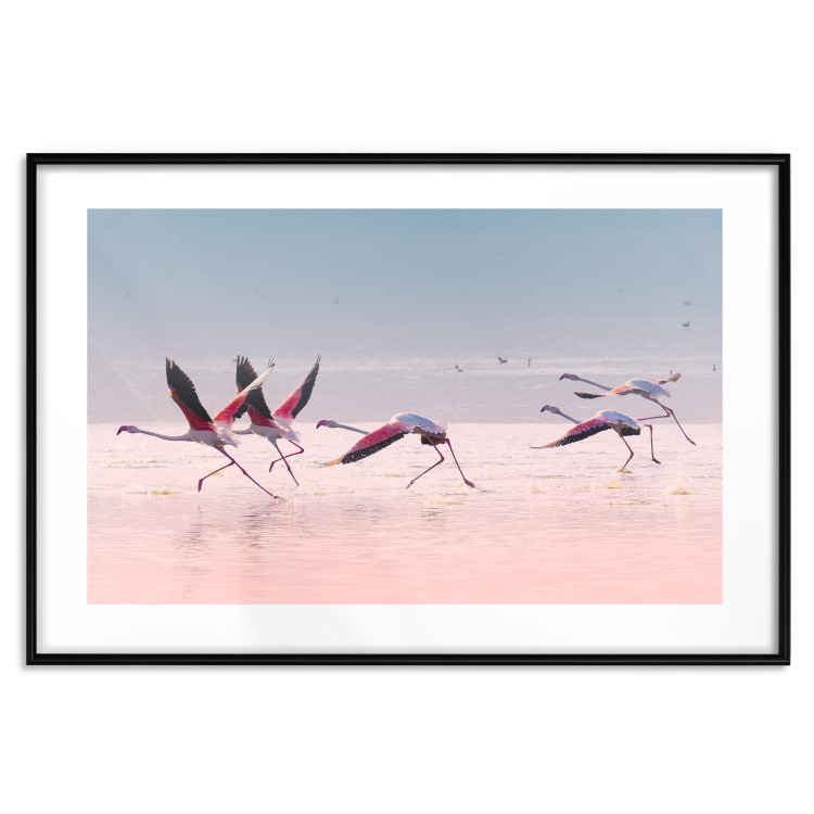 Wall Poster Flamingo Race - summer landscape of pastel water with pink birds 117460 additionalImage 17