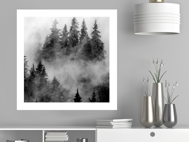Wall Poster Black Forest - black and white landscape of forest trees amidst dense fog 120460 additionalImage 2