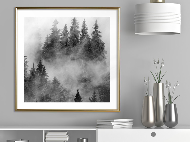 Wall Poster Black Forest - black and white landscape of forest trees amidst dense fog 120460 additionalImage 13