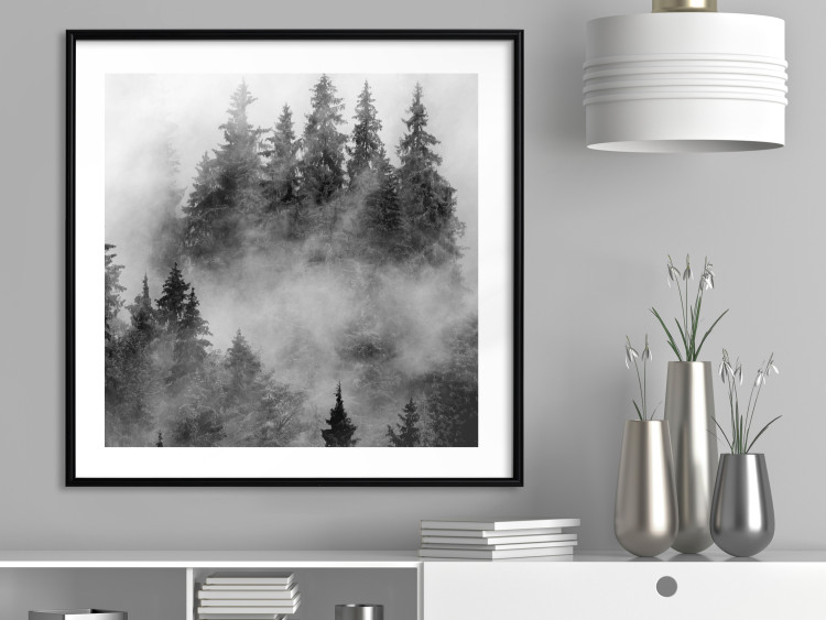 Wall Poster Black Forest - black and white landscape of forest trees amidst dense fog 120460 additionalImage 4