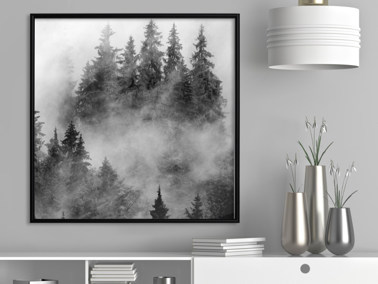 Wall Poster Black Forest - black and white landscape of forest trees amidst dense fog 120460 additionalImage 3