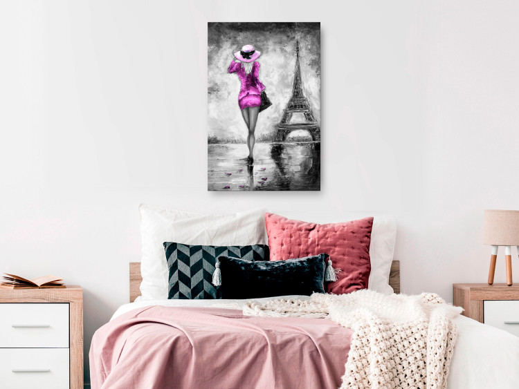 Canvas Art Print Pink Lady in Paris - silhouette of a woman walking by the Eiffel Tower 123060 additionalImage 3