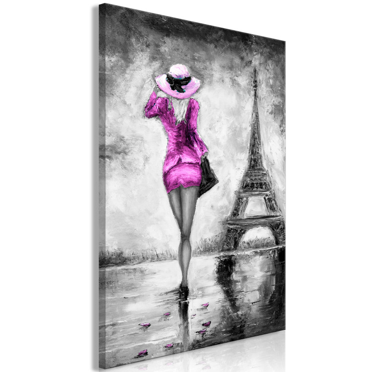 Canvas Art Print Pink Lady in Paris - silhouette of a woman walking by the Eiffel Tower 123060 additionalImage 2