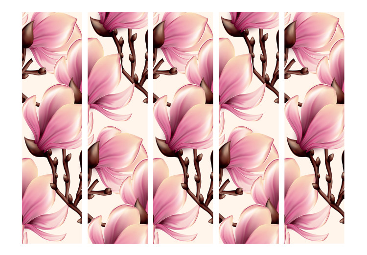 Room Divider Blooming Magnolias II (5-piece) - pattern of pink flowers and light background 124260 additionalImage 3