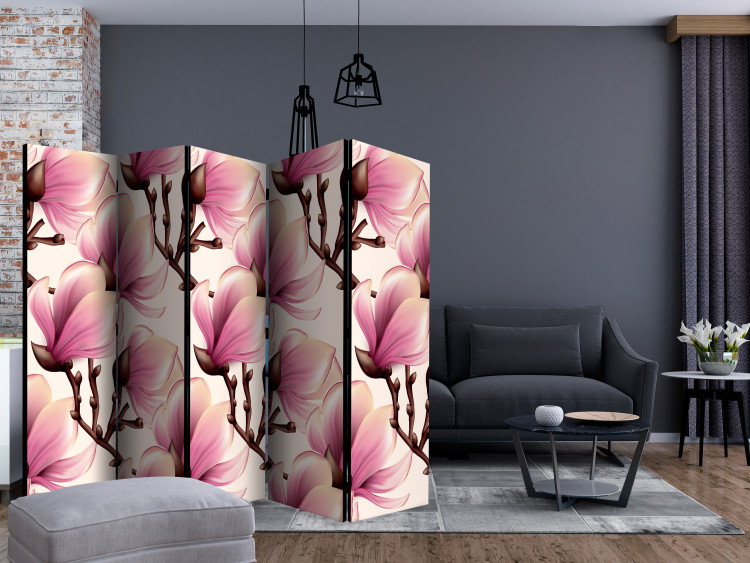 Room Divider Blooming Magnolias II (5-piece) - pattern of pink flowers and light background 124260 additionalImage 4