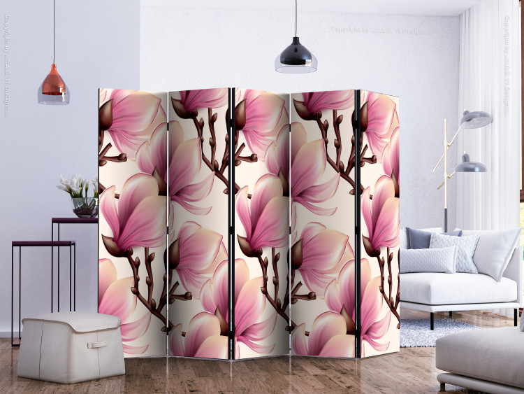 Room Divider Blooming Magnolias II (5-piece) - pattern of pink flowers and light background 124260 additionalImage 2