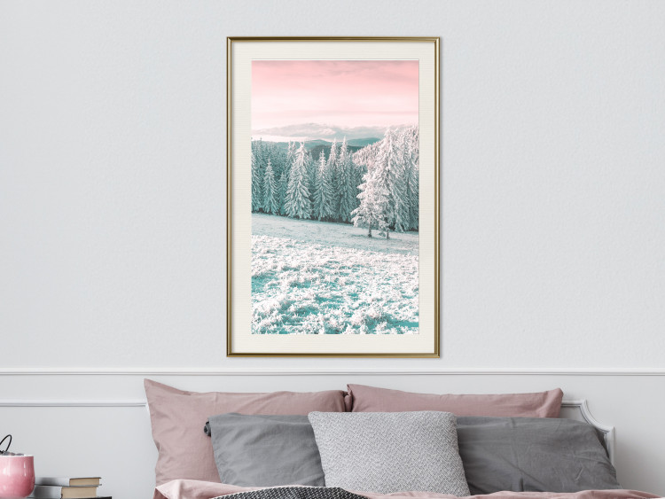Wall Poster Harsh Winter - winter forest landscape against mountains and red sky 124460 additionalImage 21