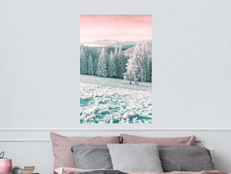 Wall Poster Harsh Winter - winter forest landscape against mountains and red sky 124460 additionalImage 17