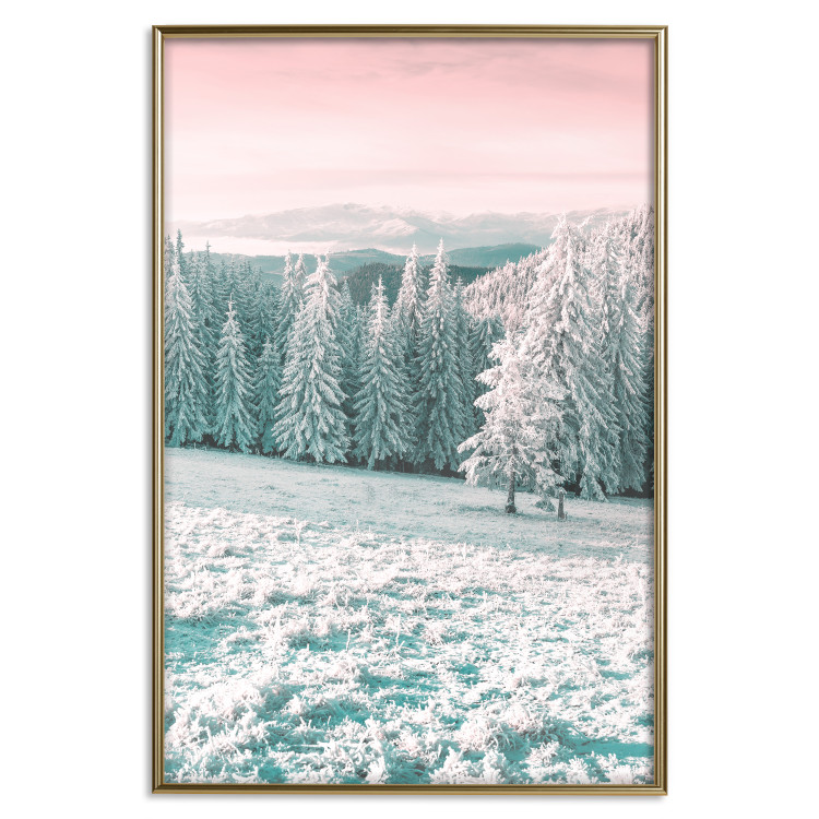 Wall Poster Harsh Winter - winter forest landscape against mountains and red sky 124460 additionalImage 20