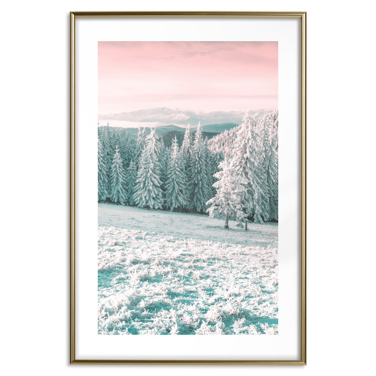 Wall Poster Harsh Winter - winter forest landscape against mountains and red sky 124460 additionalImage 16