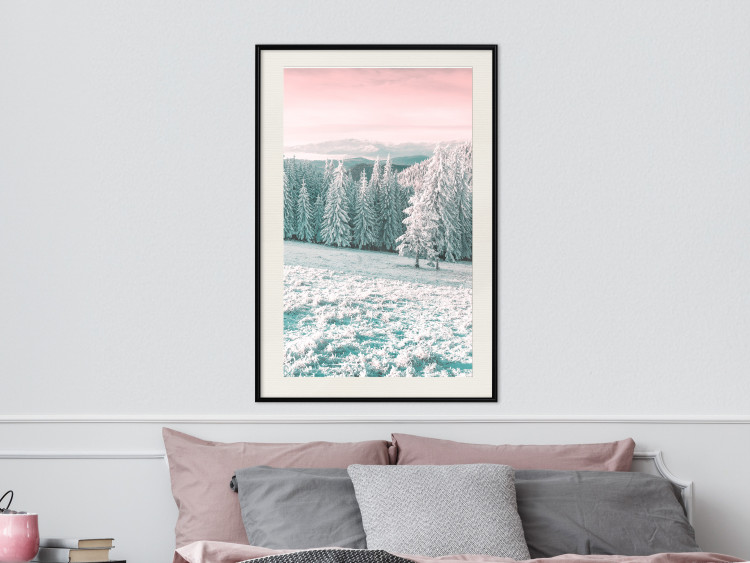Wall Poster Harsh Winter - winter forest landscape against mountains and red sky 124460 additionalImage 22