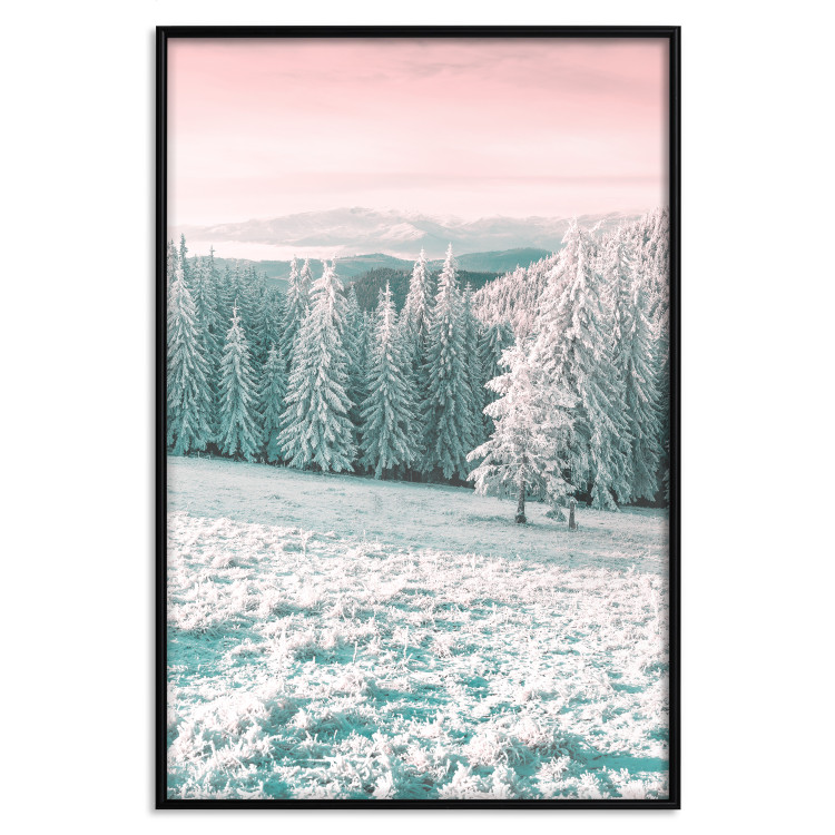 Wall Poster Harsh Winter - winter forest landscape against mountains and red sky 124460 additionalImage 24