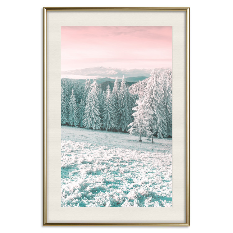 Wall Poster Harsh Winter - winter forest landscape against mountains and red sky 124460 additionalImage 19