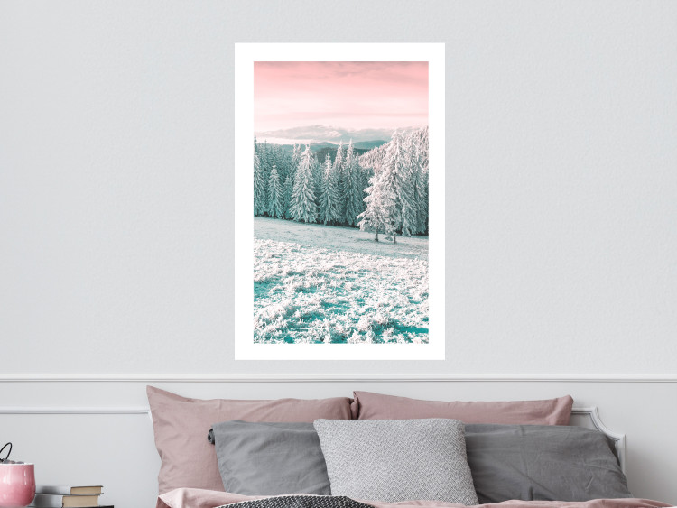 Wall Poster Harsh Winter - winter forest landscape against mountains and red sky 124460 additionalImage 5