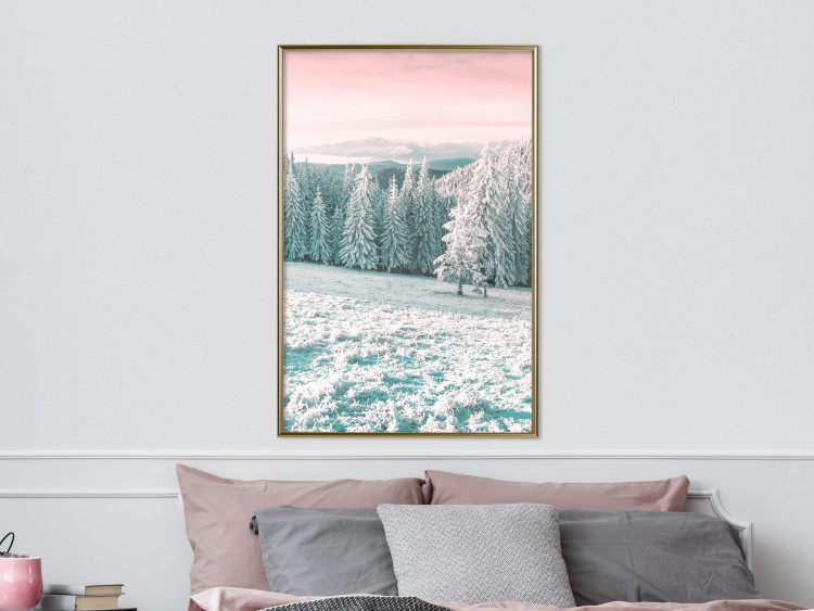 Wall Poster Harsh Winter - winter forest landscape against mountains and red sky 124460 additionalImage 8