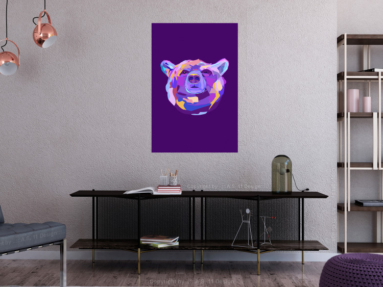 Canvas Art Print Violet bear - an abstract, colourful animal on a dark background 126660 additionalImage 3