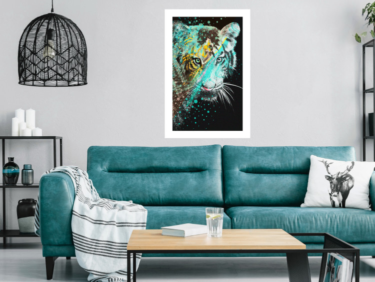 Poster Mint Tiger - colorful composition of a wild cat on a black background 126860 additionalImage 5