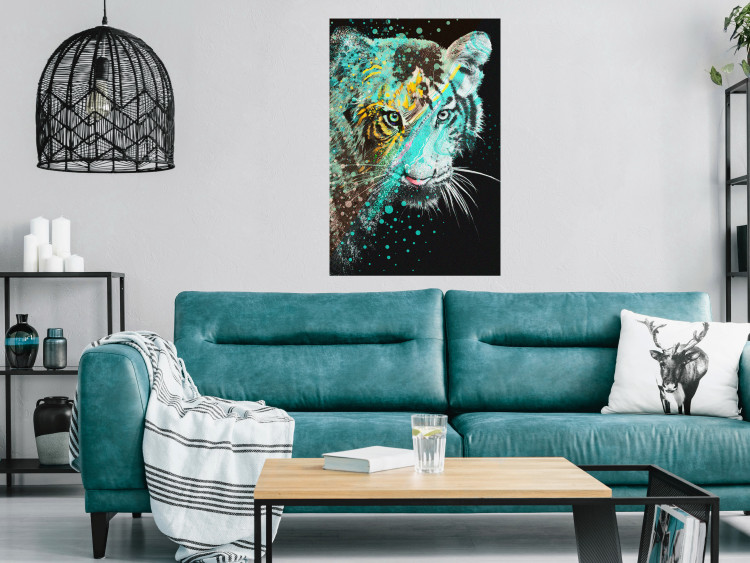 Poster Mint Tiger - colorful composition of a wild cat on a black background 126860 additionalImage 4