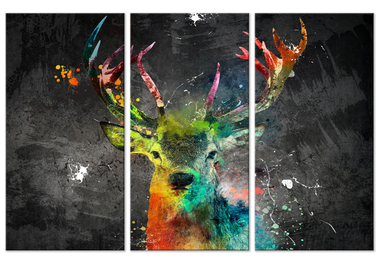 Canvas Rainbow Deer (3-piece) - abstract colorful deer with antlers 129860