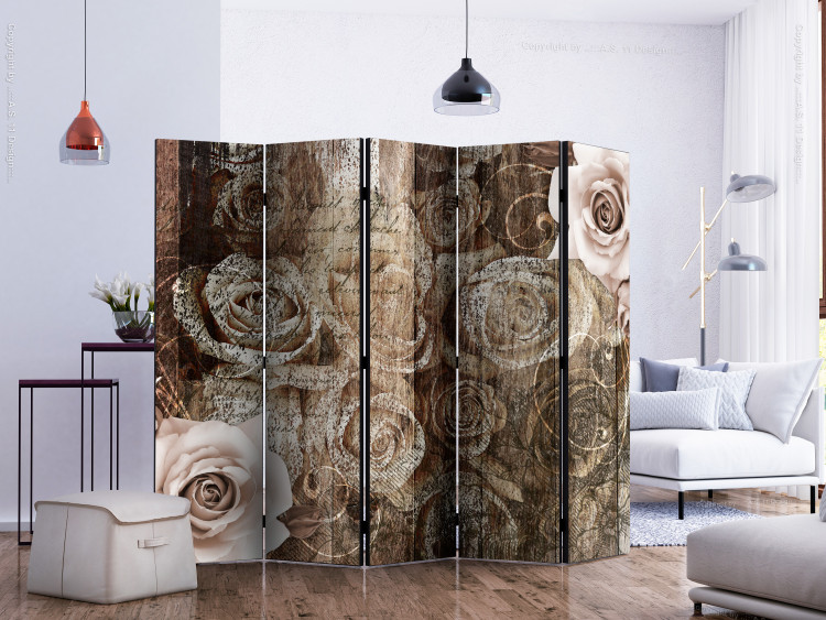 Room Divider Old Wood and Roses II - flowers and inscriptions in a retro brown motif 133760 additionalImage 2