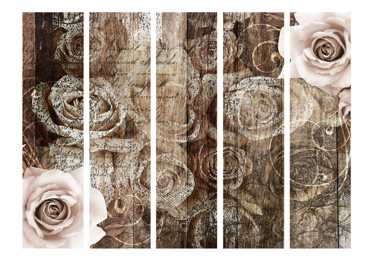 Room Divider Old Wood and Roses II - flowers and inscriptions in a retro brown motif 133760 additionalImage 3