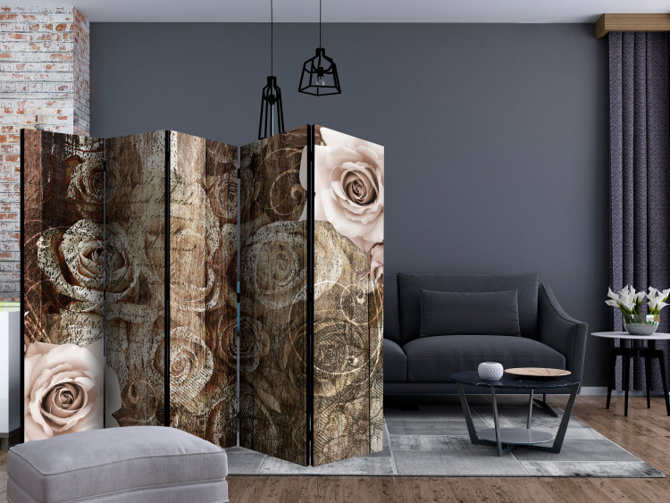 Room Divider Old Wood and Roses II - flowers and inscriptions in a retro brown motif 133760 additionalImage 4