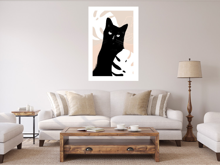 Wall Poster Cat in Monsteras - black animal among plants on a pastel background 137860 additionalImage 27