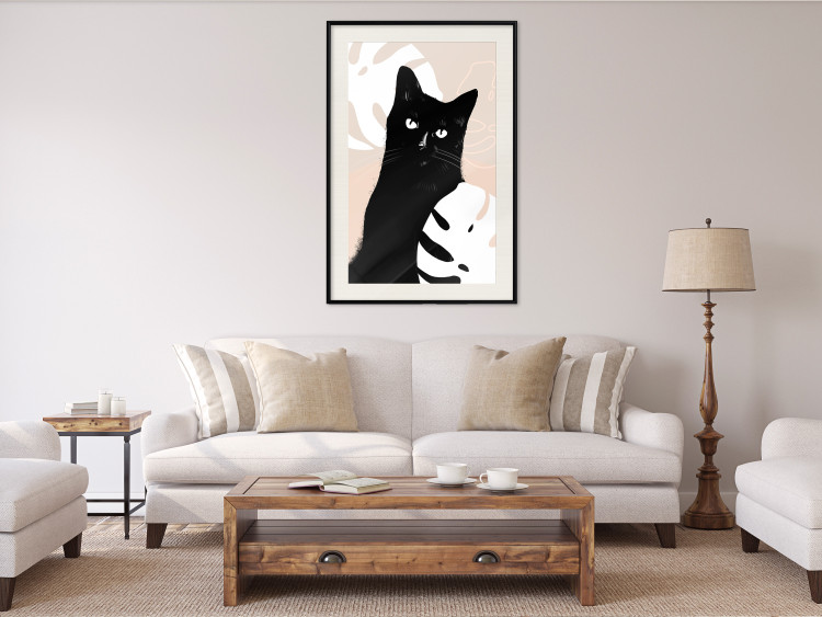 Wall Poster Cat in Monsteras - black animal among plants on a pastel background 137860 additionalImage 22