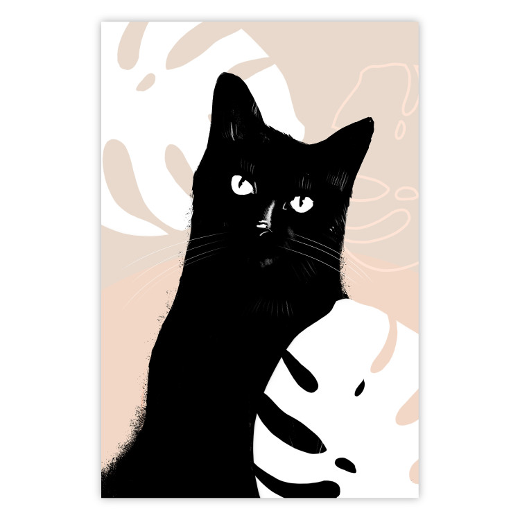 Wall Poster Cat in Monsteras - black animal among plants on a pastel background 137860