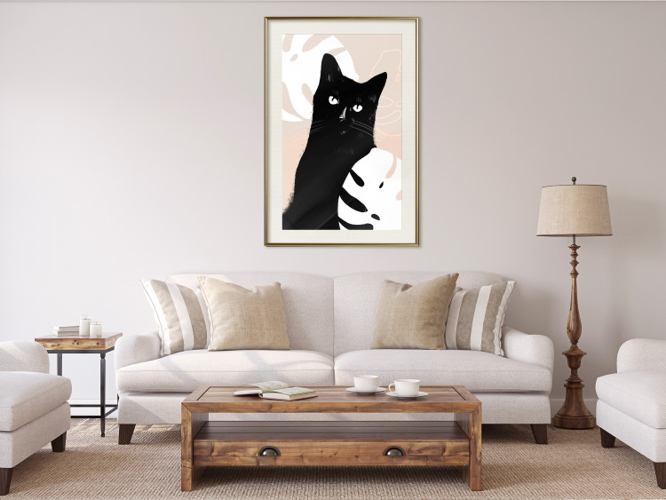 Wall Poster Cat in Monsteras - black animal among plants on a pastel background 137860 additionalImage 21