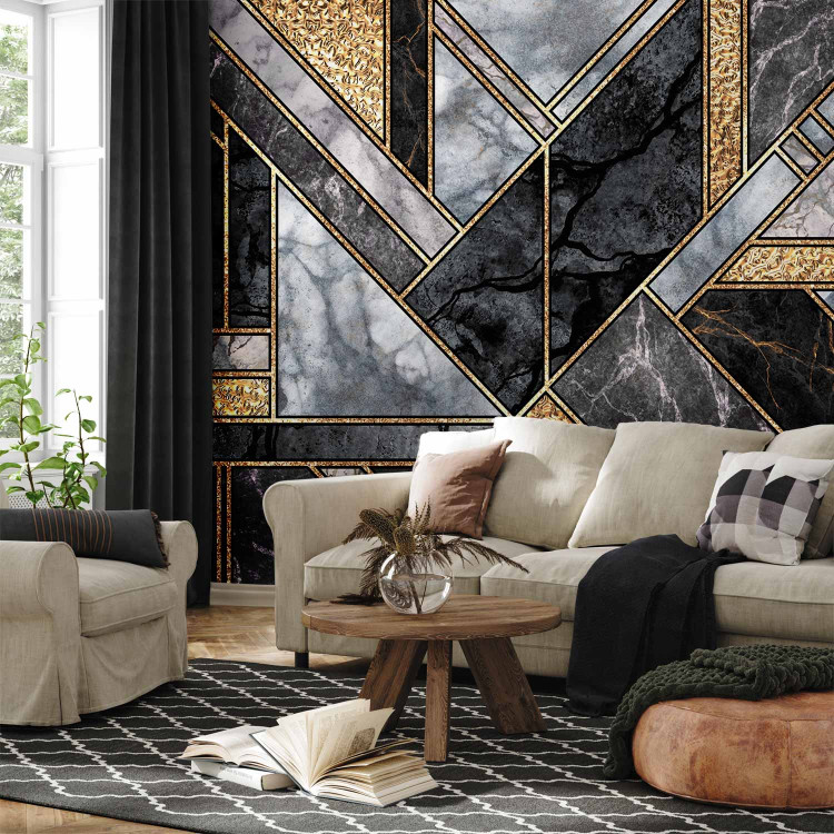 Wall Mural Geometric art deco - grey and black marble with gold patterns 142360