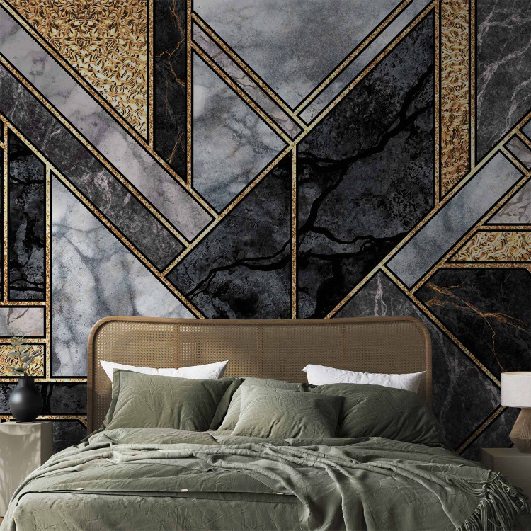 Wall Mural Geometric art deco - grey and black marble with gold patterns 142360 additionalImage 2