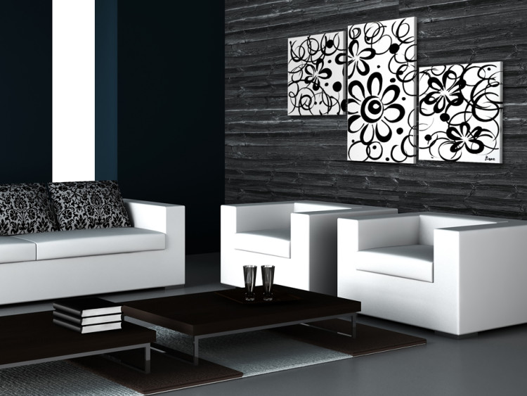Canvas Black and White Flowers (3-piece) - abstraction with floral motif 46860 additionalImage 2
