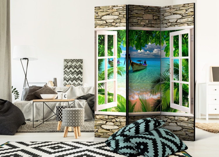 Room Separator Tropical Beach - window on a stone texture overlooking the sea 95960 additionalImage 2