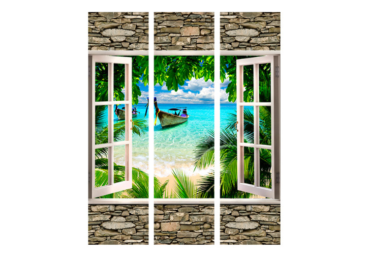 Room Separator Tropical Beach - window on a stone texture overlooking the sea 95960 additionalImage 3