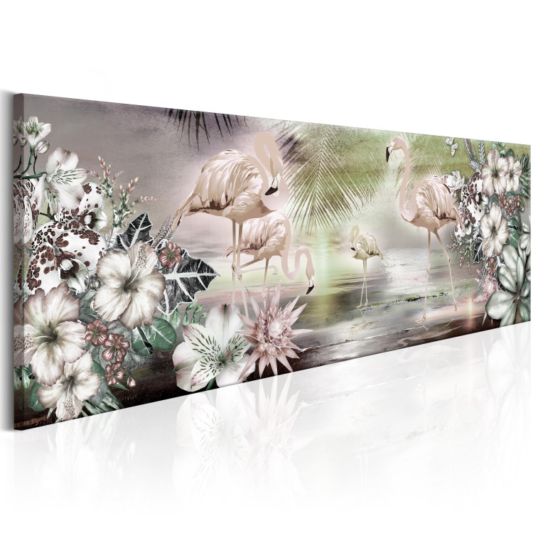 Canvas Flamingos and Flowers - Birds on Sea Background with Elements of Various Flowers 98160 additionalImage 2