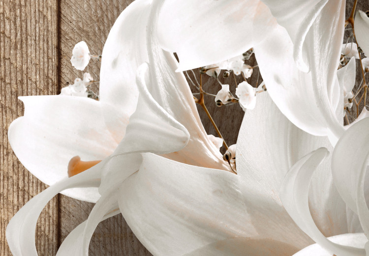 Photo Wallpaper White lilies on wooden wall - a floral motif on brown background 125170 additionalImage 3