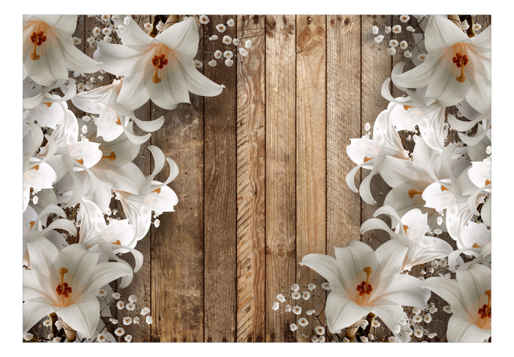 Photo Wallpaper White lilies on wooden wall - a floral motif on brown background 125170 additionalImage 1
