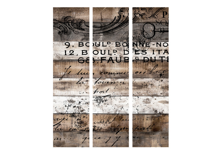Room Separator Old Vineyard (3-piece) - composition with black inscriptions on wood 133470 additionalImage 3