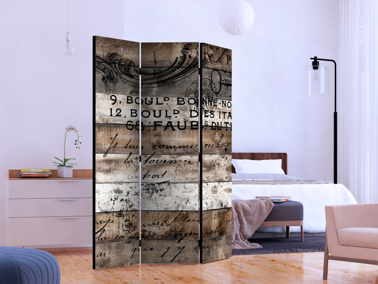 Room Separator Old Vineyard (3-piece) - composition with black inscriptions on wood 133470 additionalImage 2