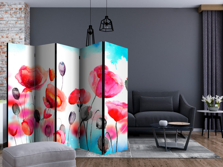 Folding Screen Swayed by the Wind II - colorful poppies in a watercolor motif on a white background 133870 additionalImage 4