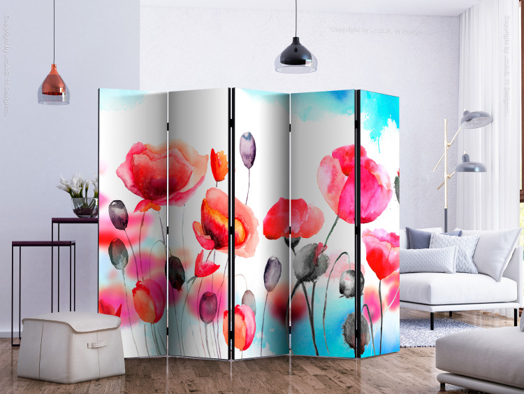 Folding Screen Swayed by the Wind II - colorful poppies in a watercolor motif on a white background 133870 additionalImage 2
