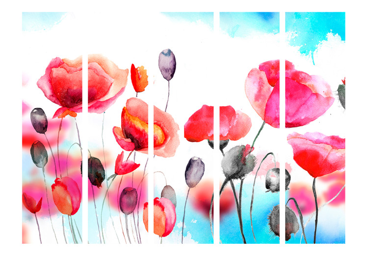 Folding Screen Swayed by the Wind II - colorful poppies in a watercolor motif on a white background 133870 additionalImage 3