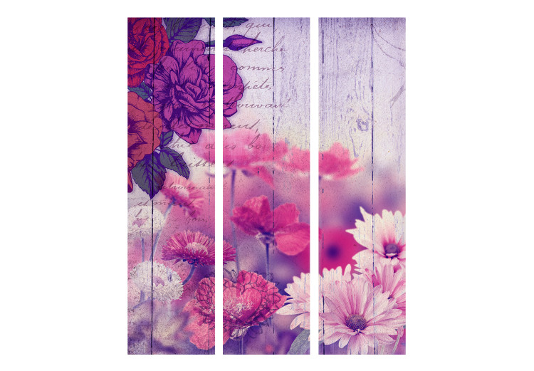 Room Separator Floral Memory - flowers on a background of wooden boards with inscriptions 133970 additionalImage 3