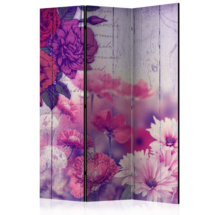 Room Separator Floral Memory - flowers on a background of wooden boards with inscriptions 133970