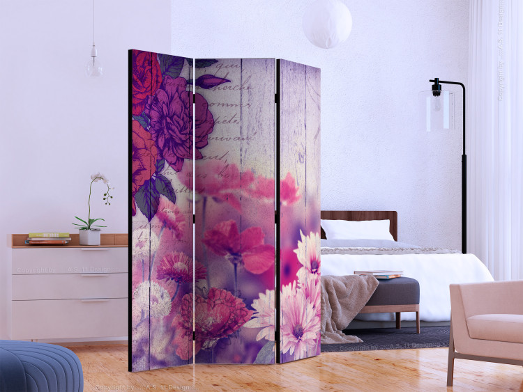 Room Separator Floral Memory - flowers on a background of wooden boards with inscriptions 133970 additionalImage 2