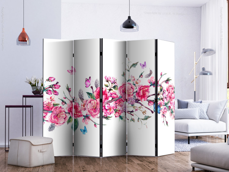 Folding Screen Flowers and Butterflies II (5-piece) - romantic pink cherry blossoms 134270 additionalImage 2